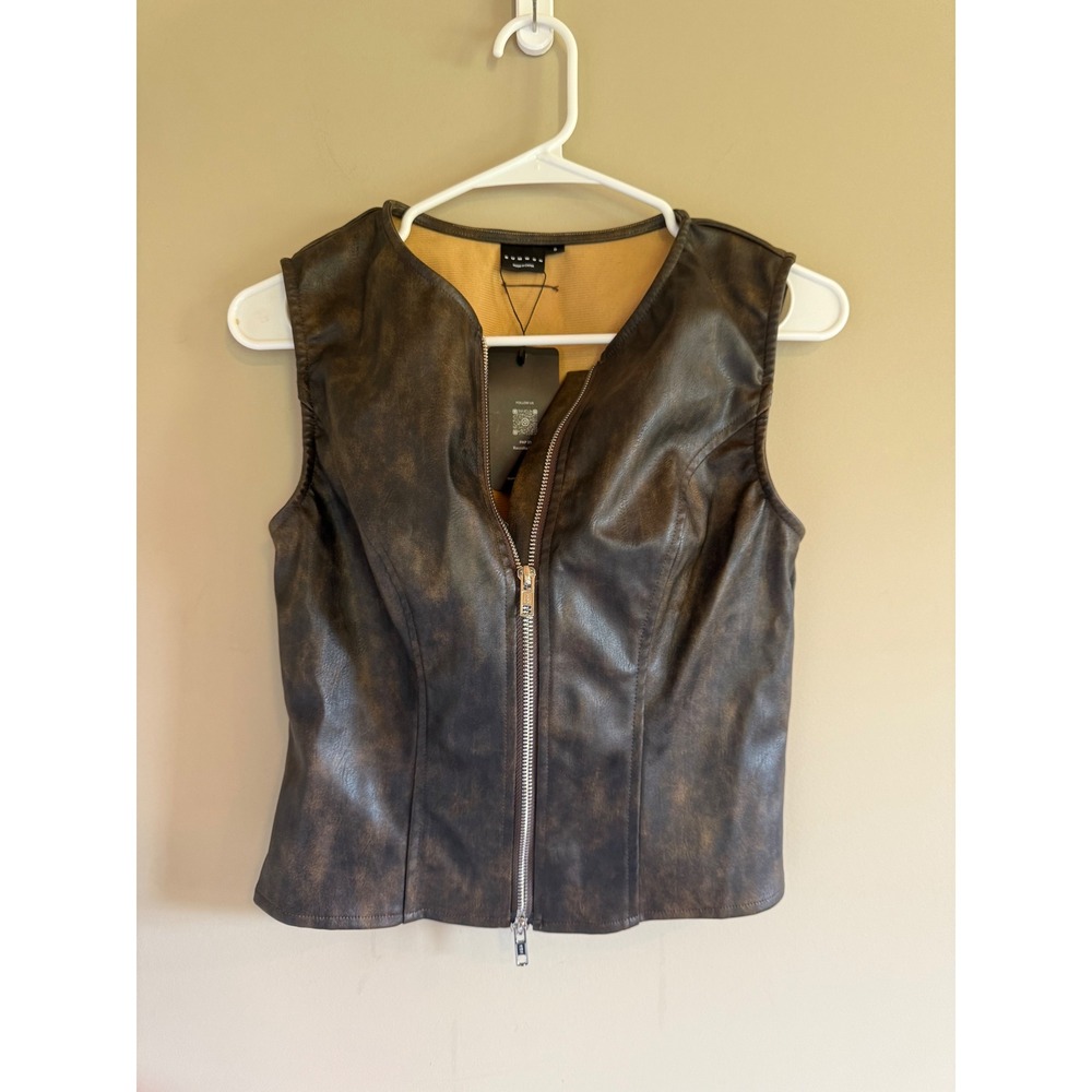 Sumwon Brown Distressed Faux Leather Vest Two-Way Zip Sleeveless Top Small NWT